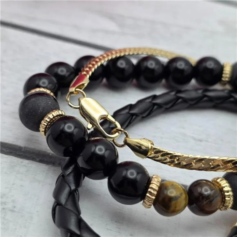 Guess Mens 3PC Bracelet Set Tiger's Eye Bead Leather Herringbone Chain 7 In